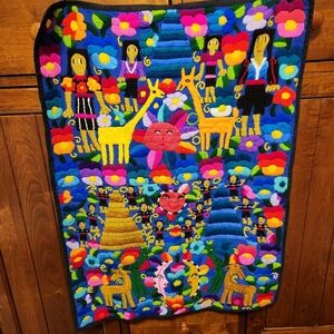Hand Stitched Embroridered Needlepoint Yarn Craft Folksy Colorful Wall H…